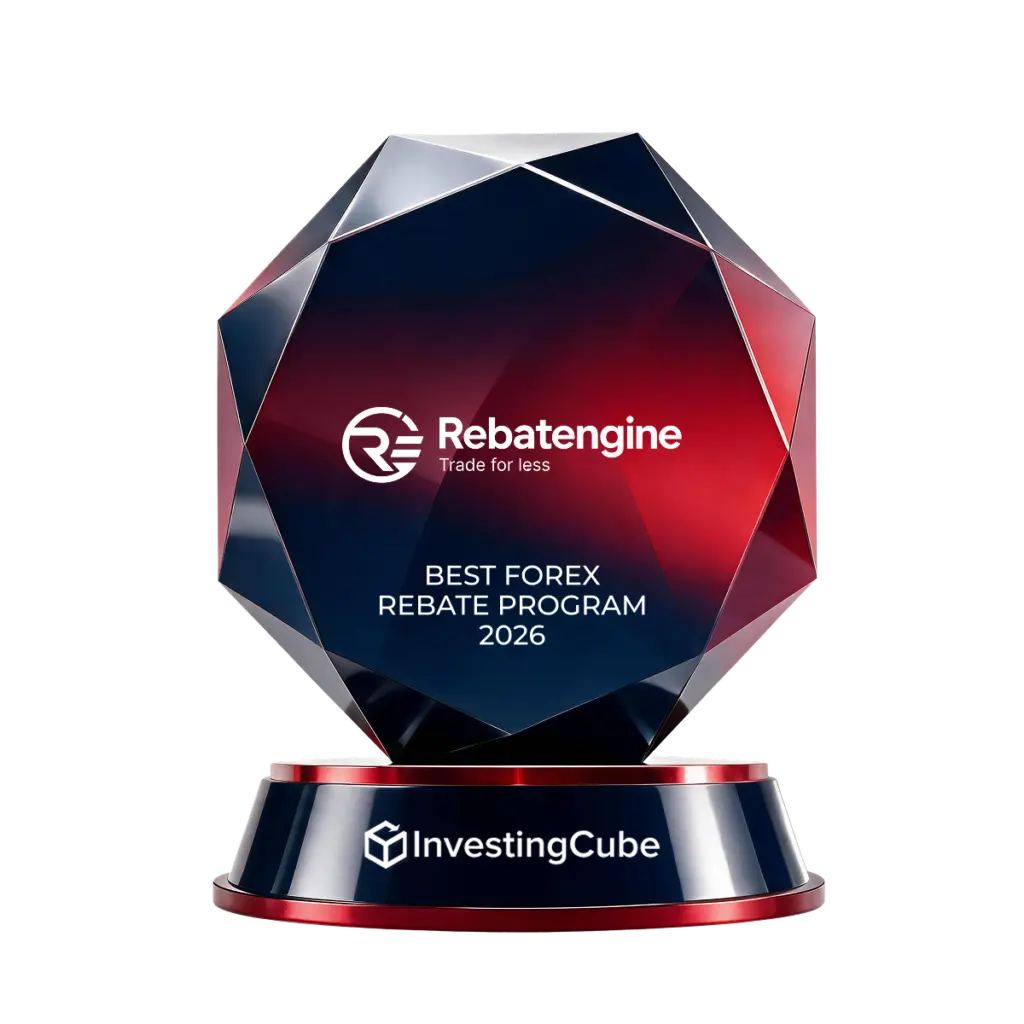 Best Forex Rebate Program 2026 — InvestingCube Global Awards trophy, awarded to Rebatengine