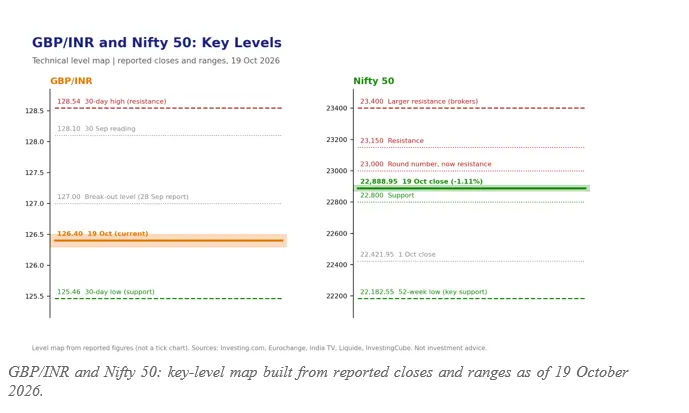 GBP/INR and Nifty 50: key-level map built from reported closes and ranges as of 19 October 2026.