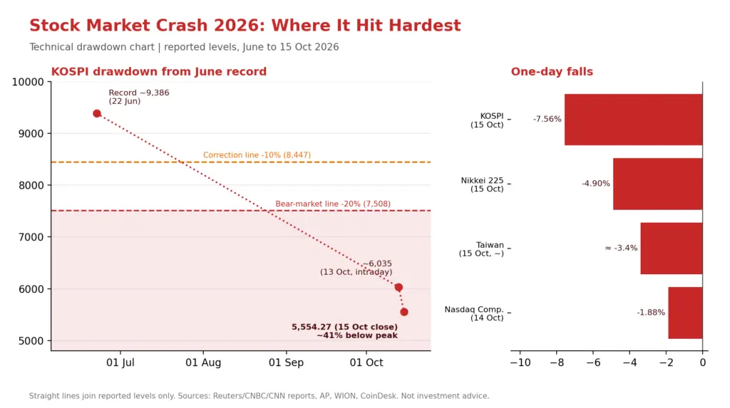 Kospi drew down from its June record to the 15 October close, against the 10% correction and 20% bear-market thresholds.